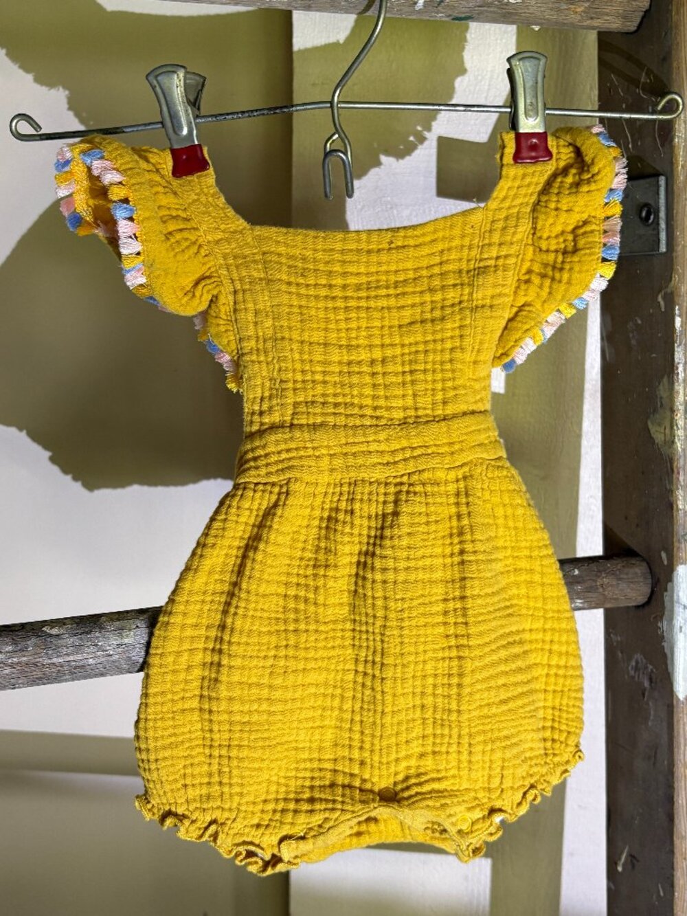 Emily & Oliver Mustard Yellow Muslin Gauze Romper – Size 6-9M (Boho Tassel Trim)